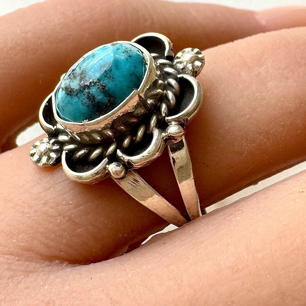 Navajo Flower Ring Turquoise Sz 8 Sterling Silver Signed Morgan Native Amer
